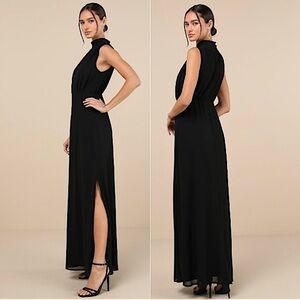 Lulus Classic Elegance Black Chiffon Sleeveless MockNeck Maxi‎ Dress Size XL NWT